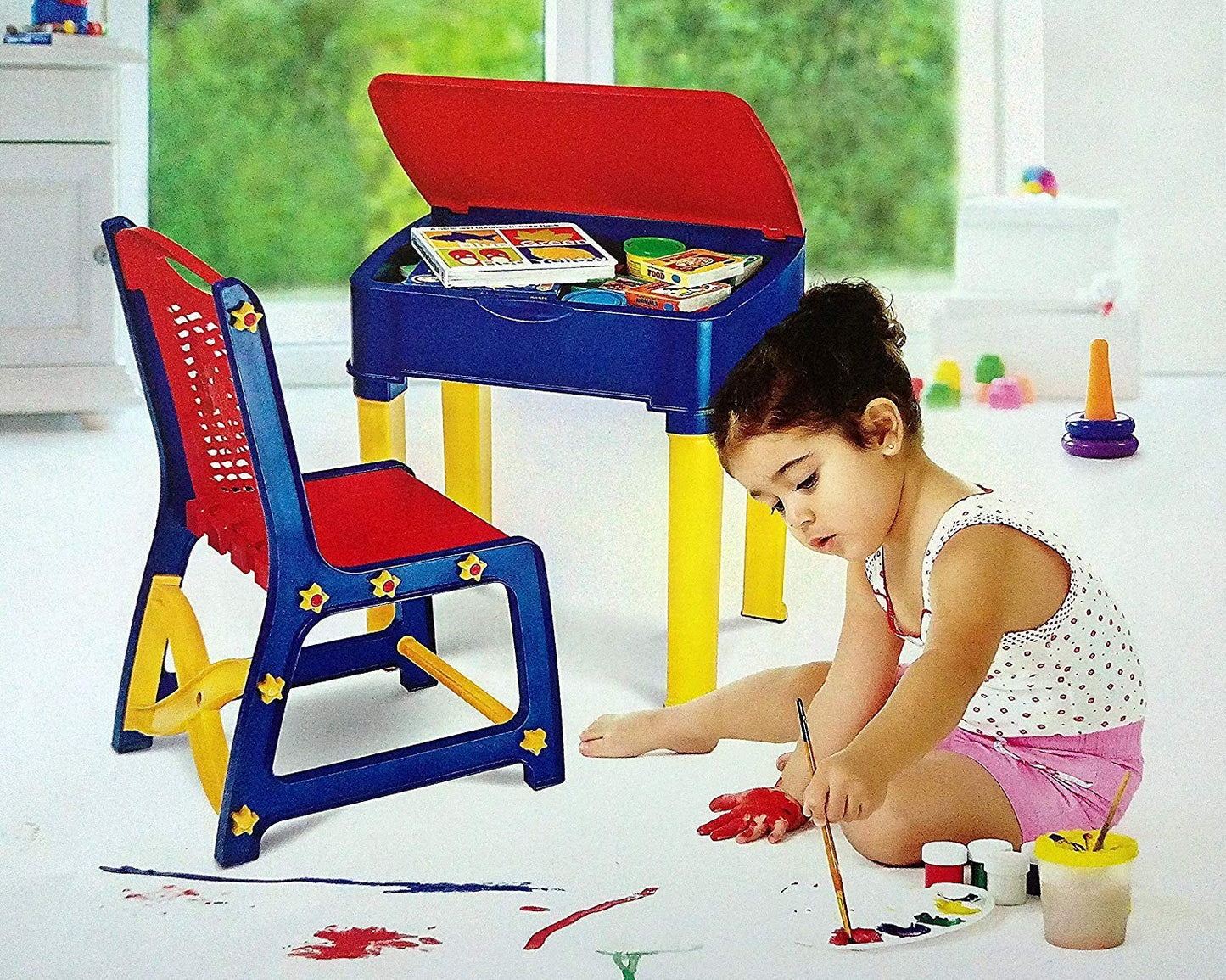 High-quality plastic study table and chair set for children, includes a small pencil box.