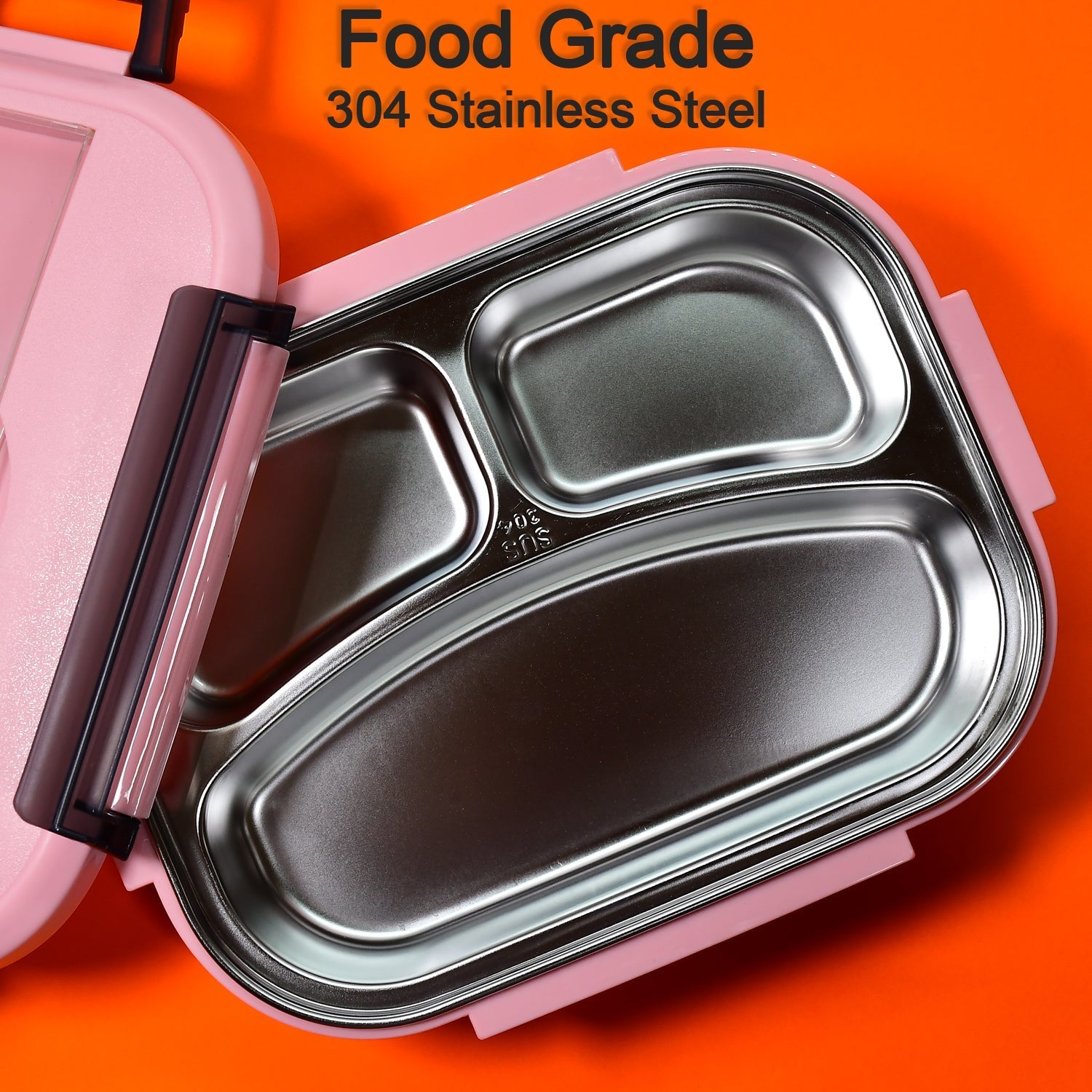 Three-compartment lunch box in pink with stainless steel and spoon holder