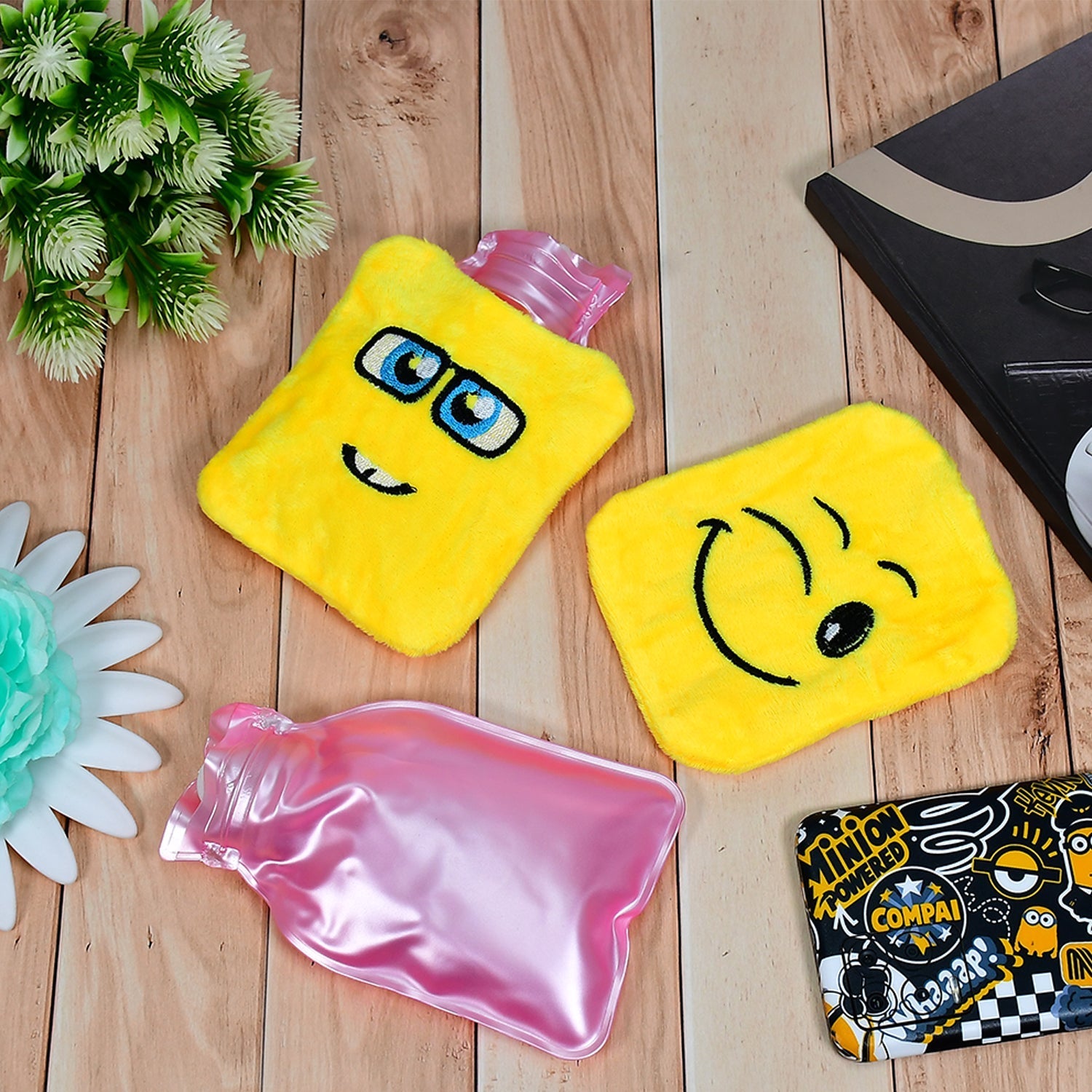 Emoji hot water bag for comforting warmth and pain relief.