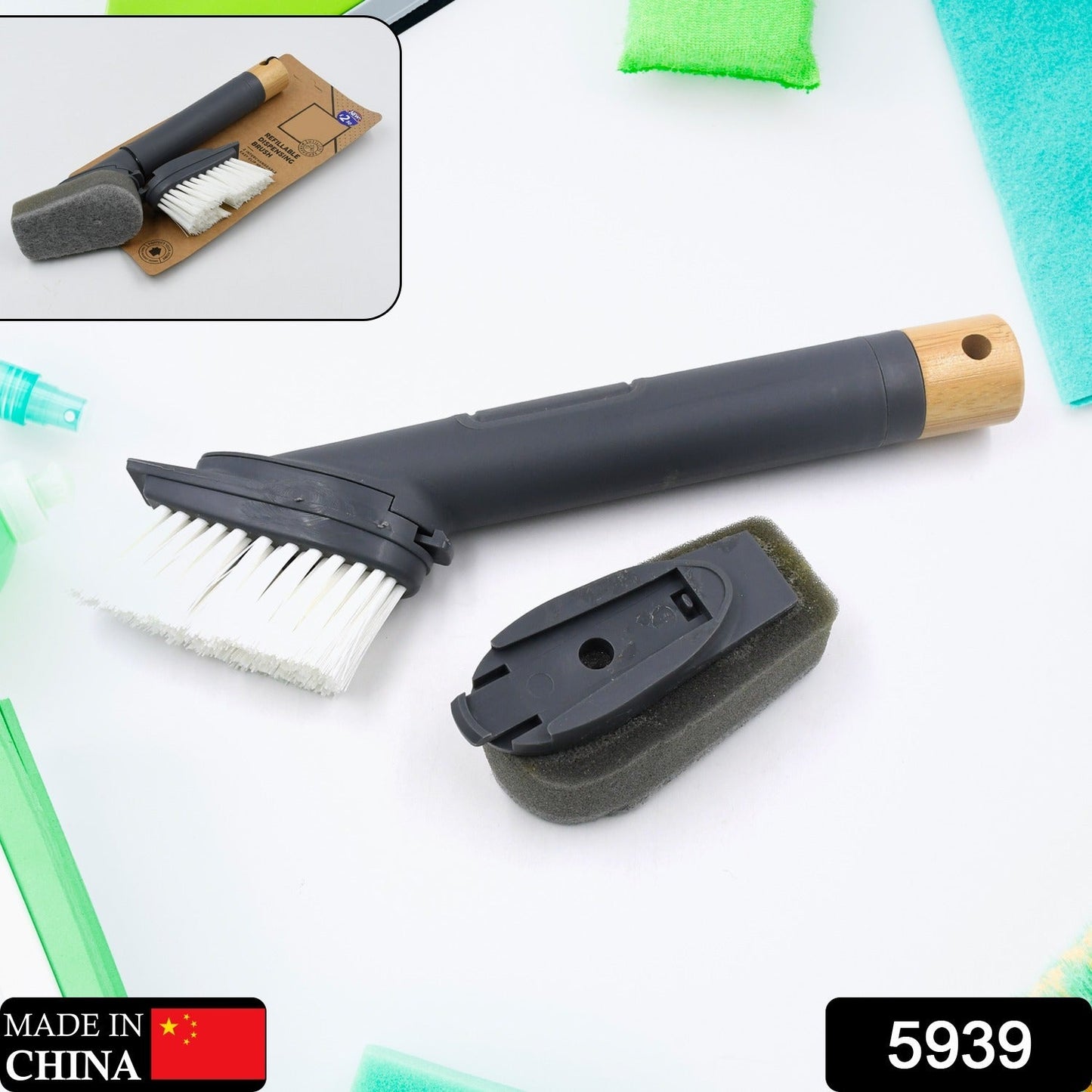 Cleaning brush set, includes long handle scrub brush for bathroom and liquid dispenser.