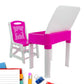 Pink study table and chair set with pencil box, high-quality plastic, designed for kids.