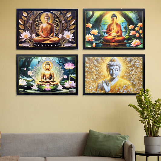 Decorative Lord Buddha Wall Painting with Wooden Frame Mix Design, 45x30 Cm Approx (1 Pc)