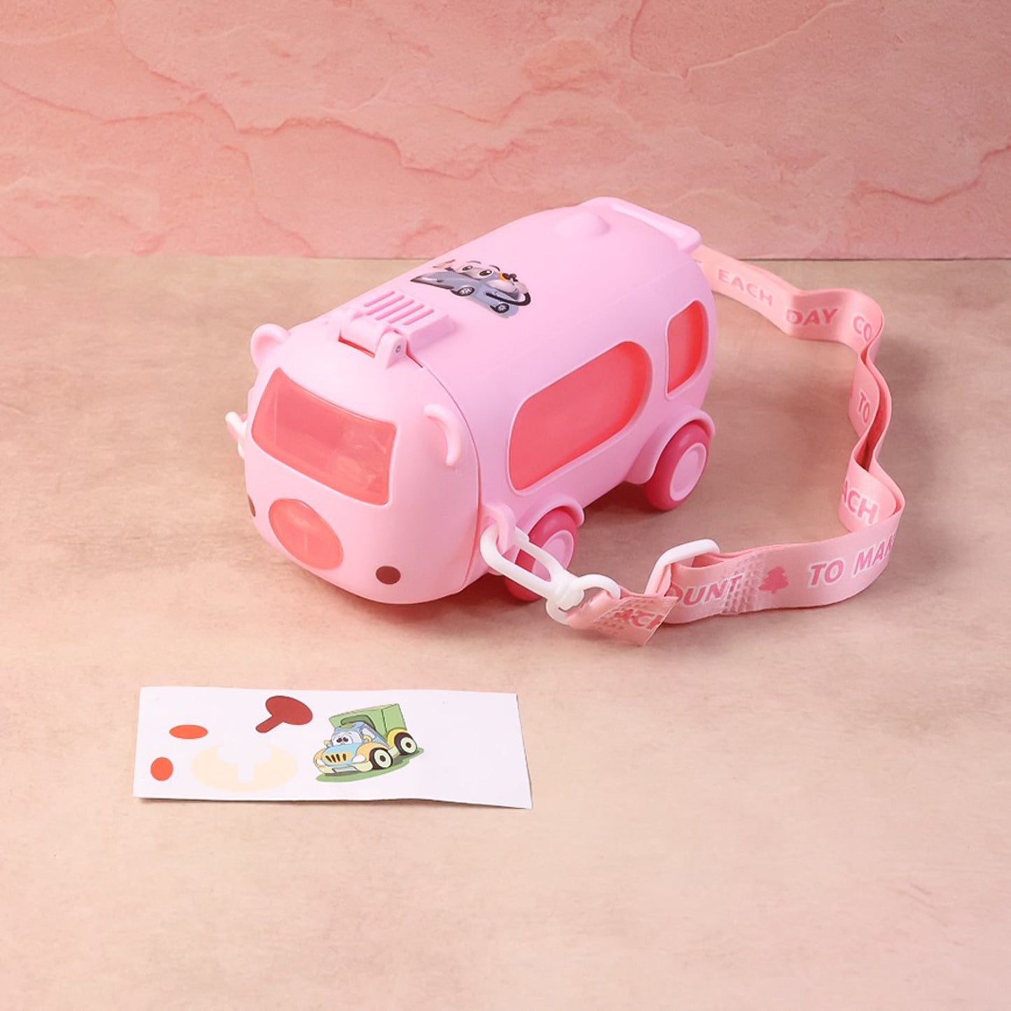 Bus Shaped Kids Water Bottle with Strap – 500ml Cute Cartoon Design With Sticker