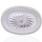 Oval silver serving tray with royal design for upscale presentation.