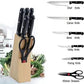 Black kitchen knives with scissors and wooden block