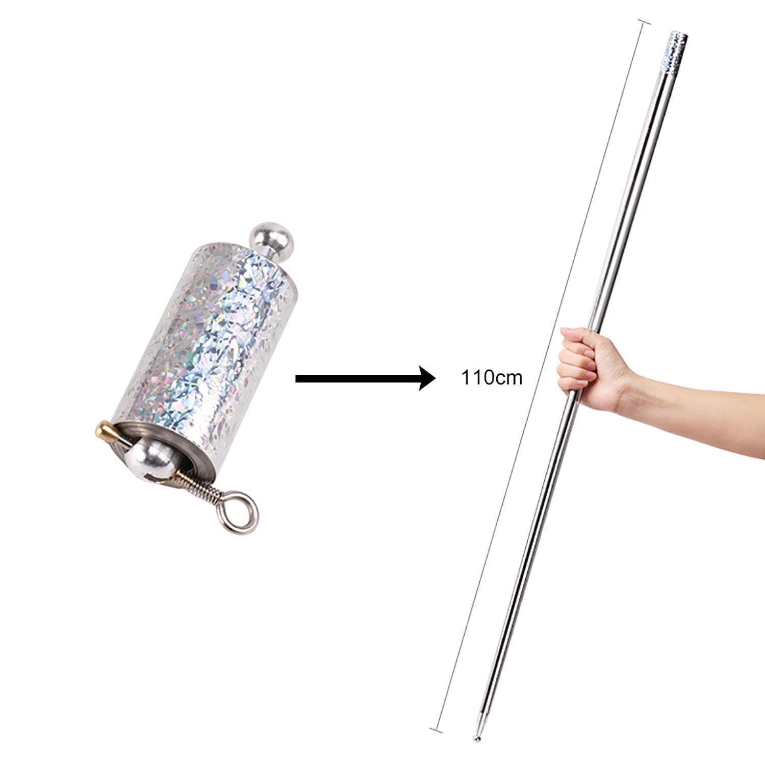 Magic steel cane with focus on its use in performing tricks and illusions.