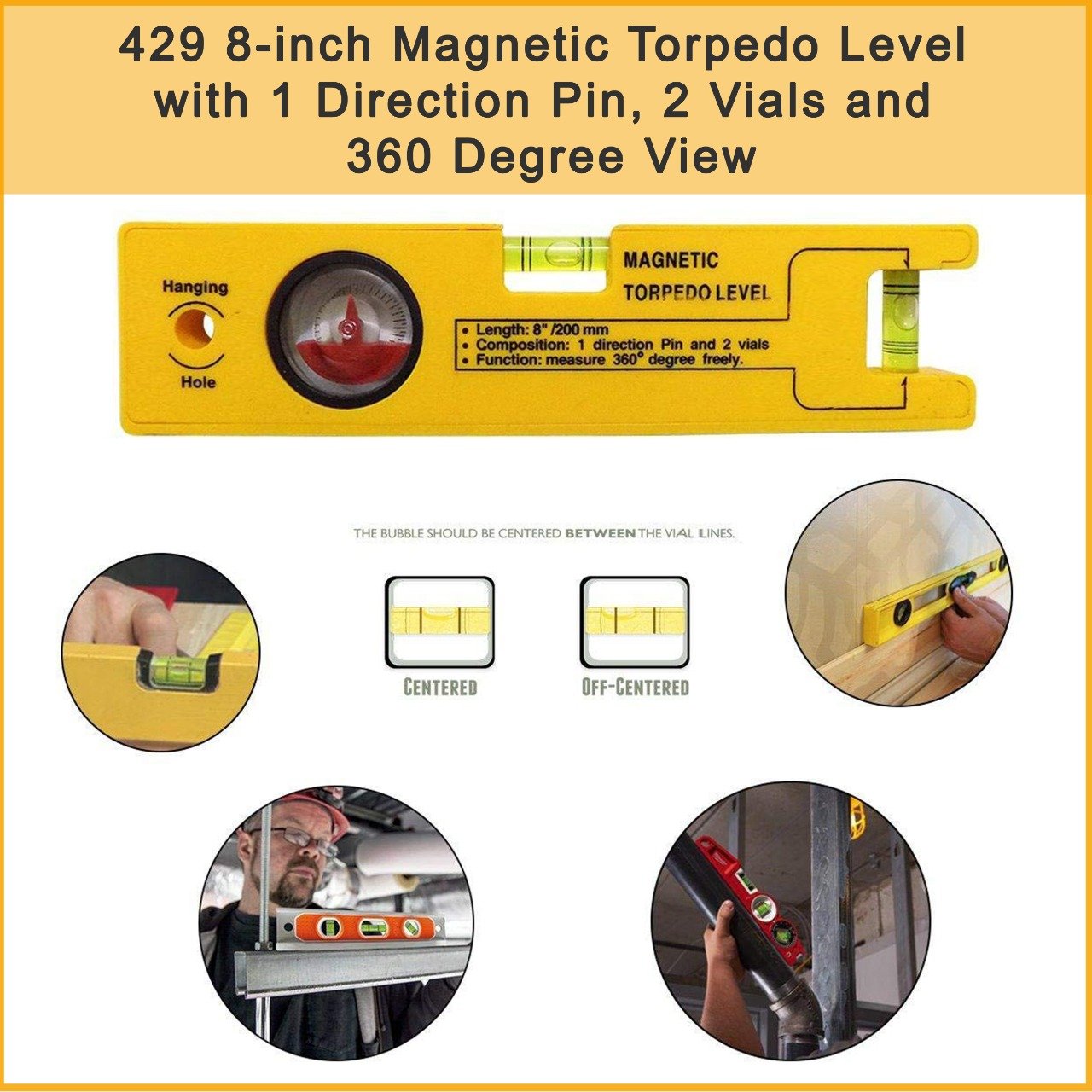 8-inch Magnetic Torpedo Level with 1 Direction Pin, 2 Vials and 360 Degree View