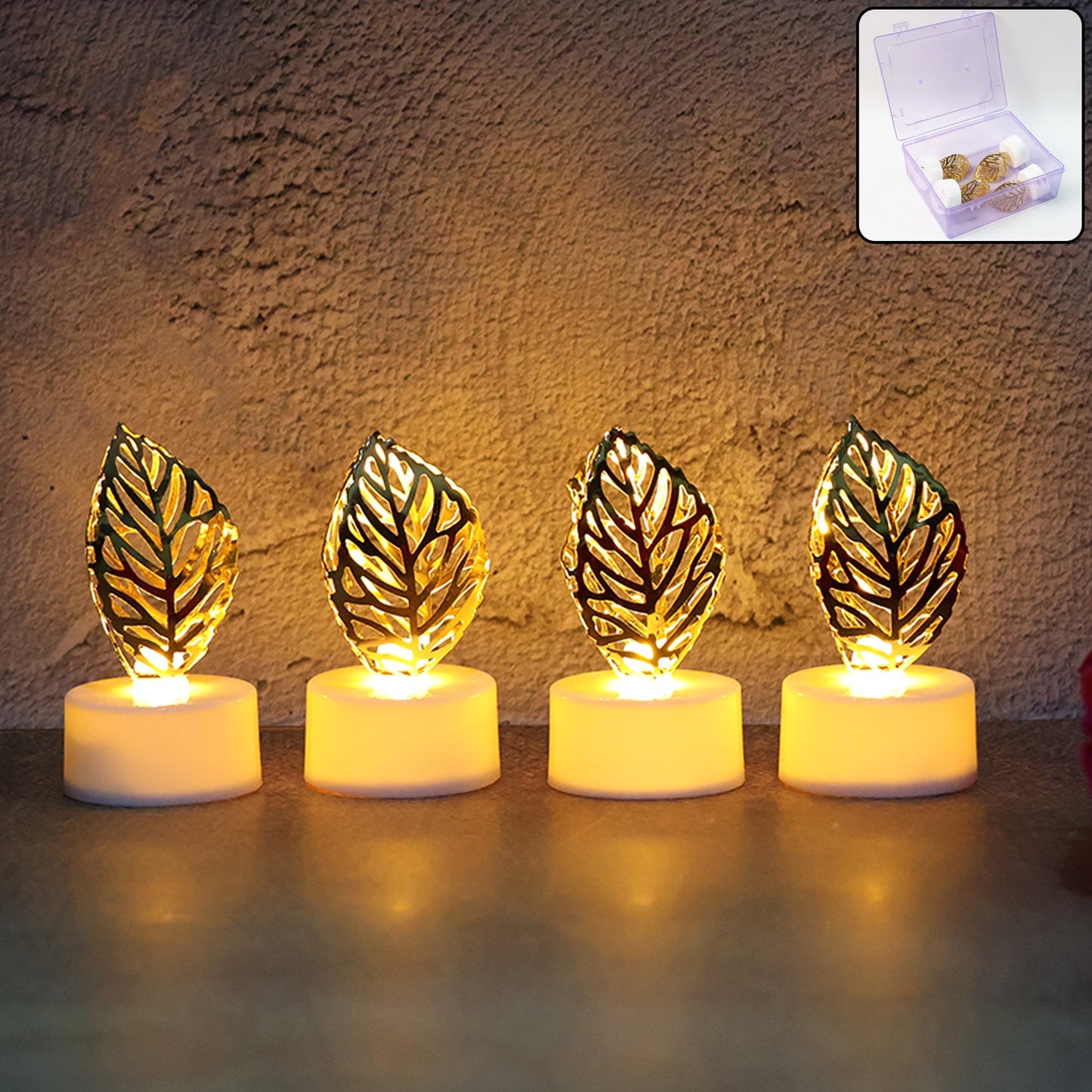 Decorative Golden Leaf Shaped Flameless LED Candles (4 Pc)