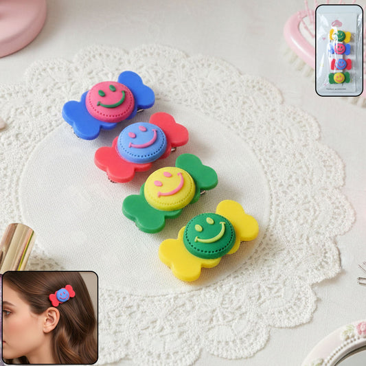 Colorful Smiley Candy Design Decorative Hair Clip Set (4 Pc)