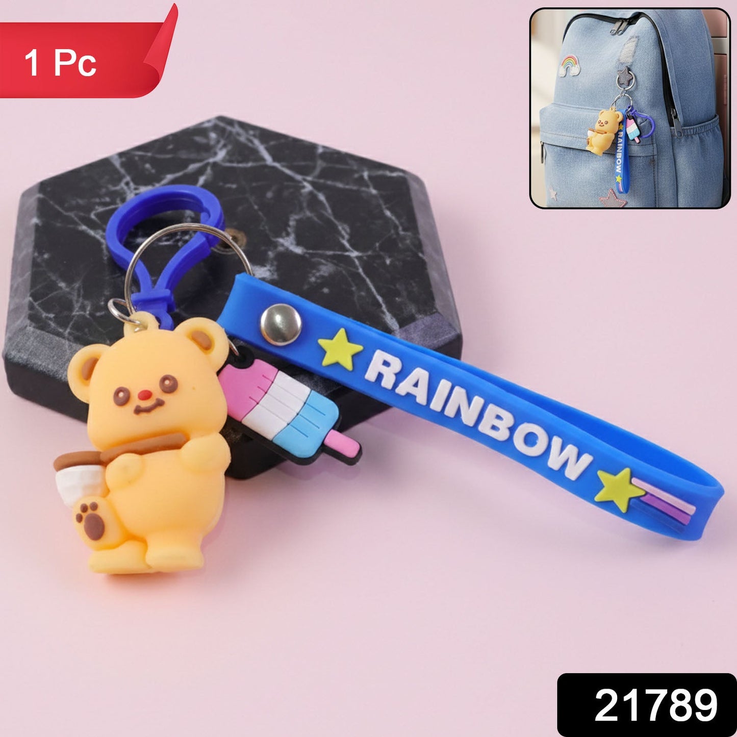 Cute Bear Cartoon Keychain with Rainbow Strap (1 Pc)