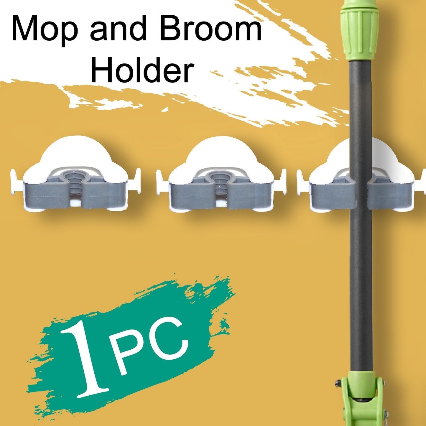 Wall holder for organizing brooms and mops.