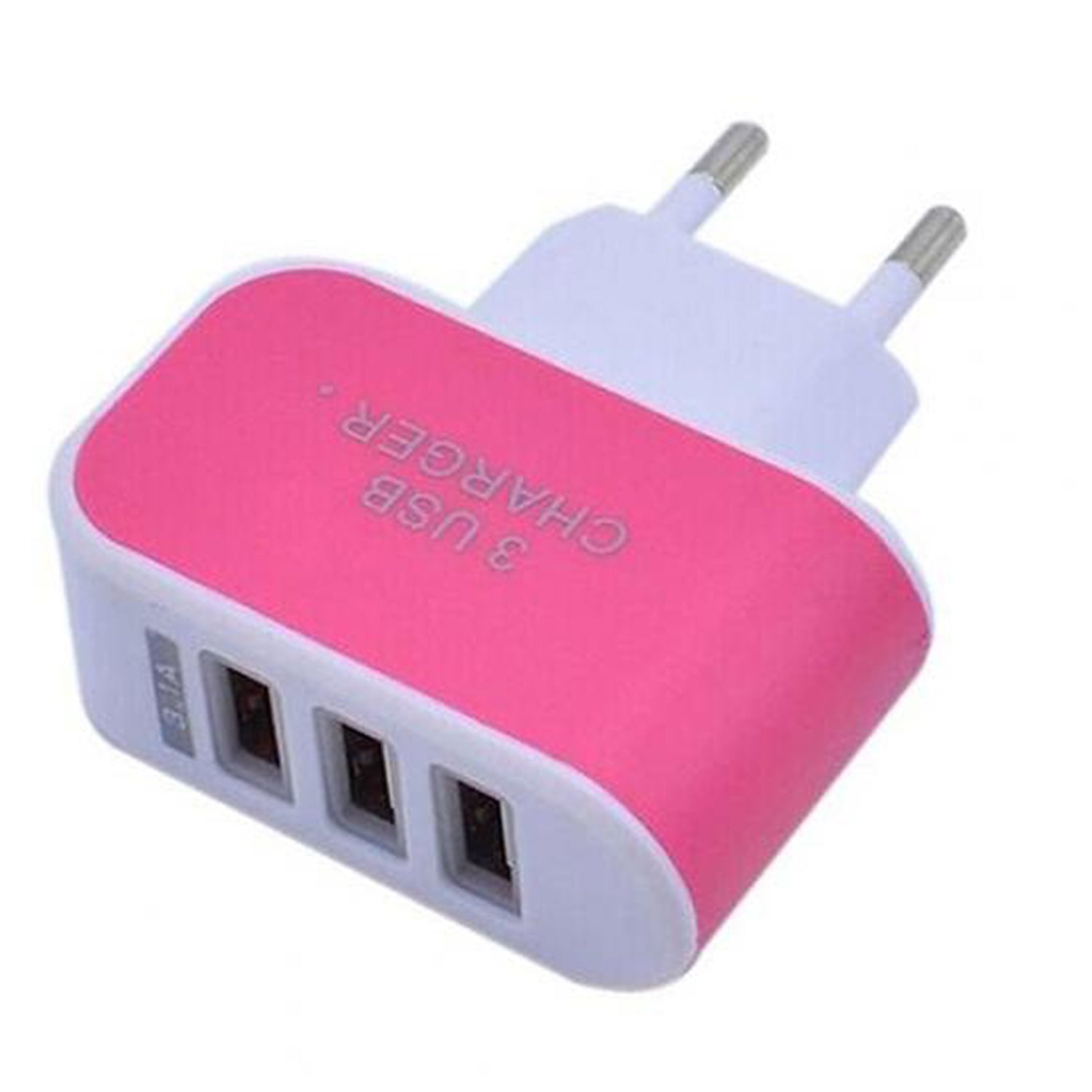 Triple USB wall adapter with three ports, showing its compact design and plug configuration