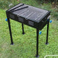 Barbecue grill with skewers and wooden handle