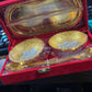 Brass tray set with gold and silver plating, two bowls and spoons, comes in a red velvet box.