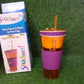 Travel-friendly cup with integrated snack holder, ideal for combining snacks and drinks.