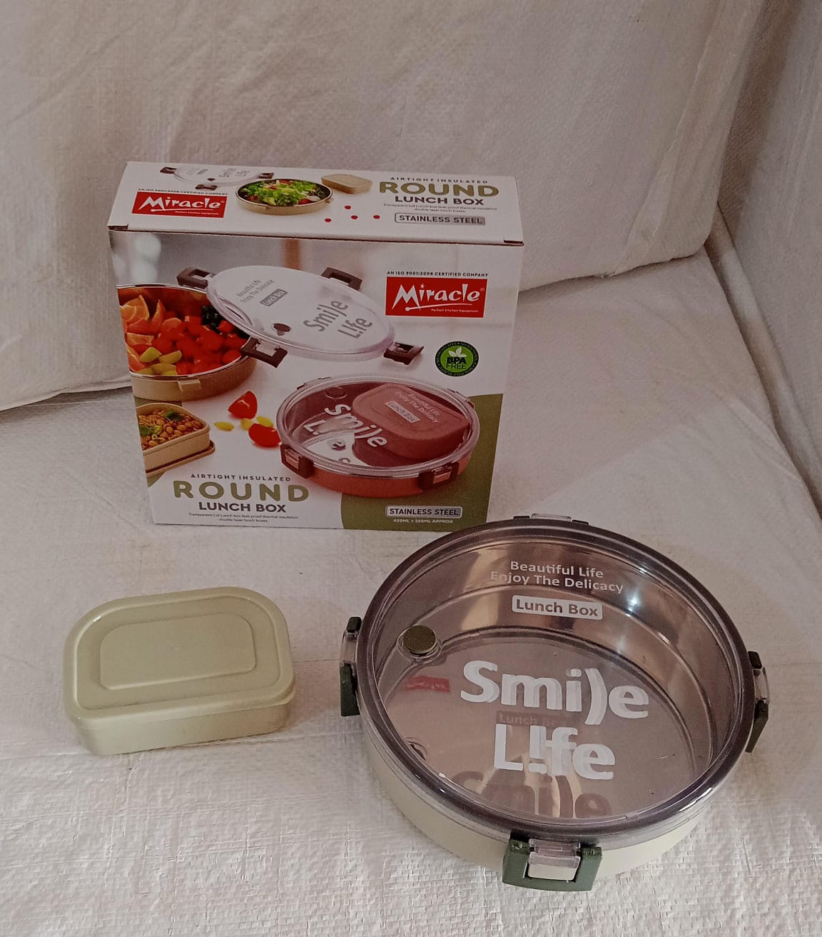 Miracle Stainless Steel Round Lunch Box, with Small Plastic Box Insert Leak Proof Lunch Box with Transparent lid, Lunch Box for Kids & Adults for School, Office (450 ML + 250 ML Approx)