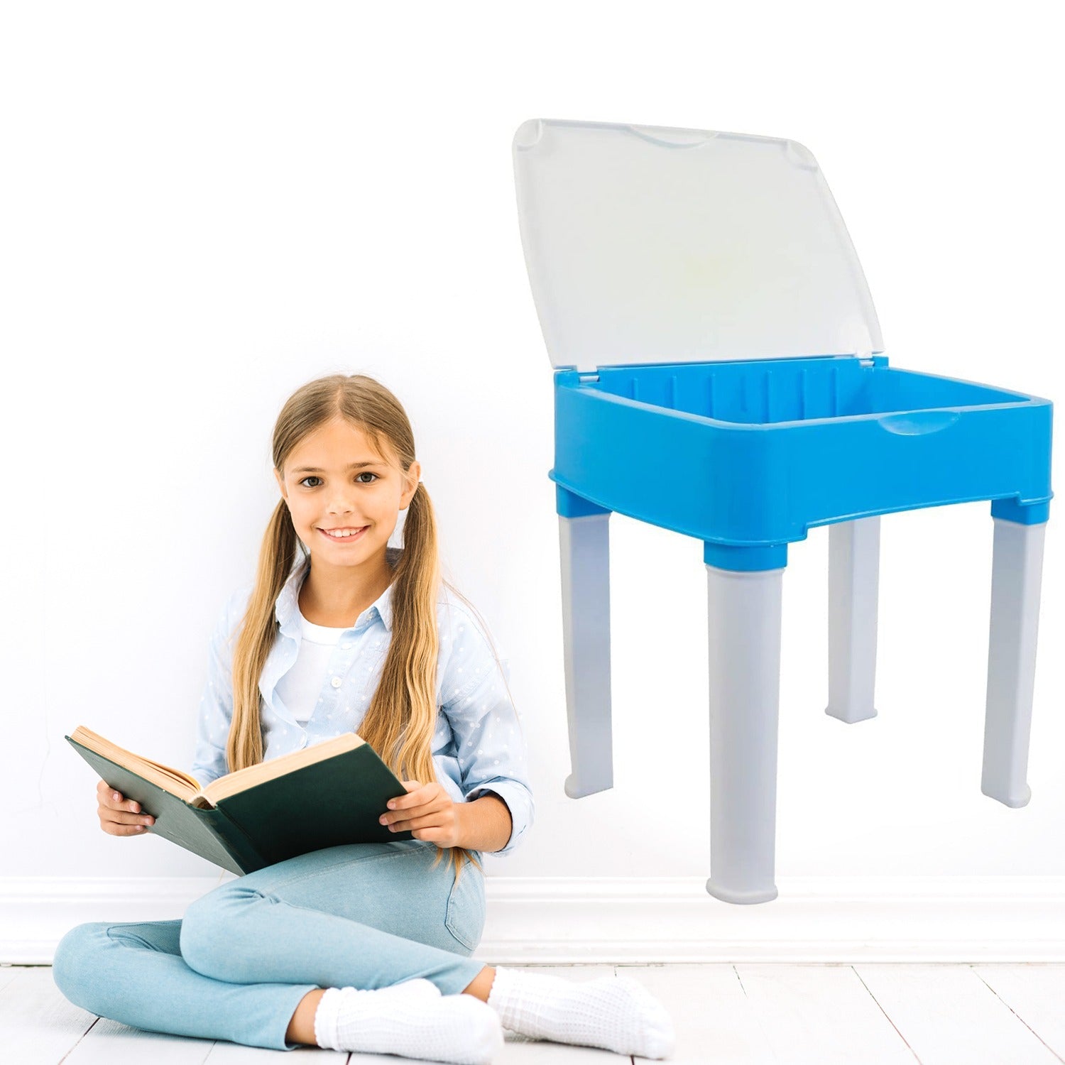 Plastic study table and chair set with pencil box, suitable for boys and girls, blue color.