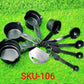 8-piece black plastic measuring set.