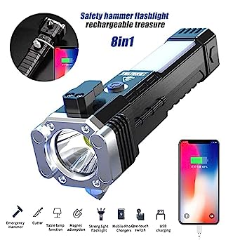 LED flashlight with seat belt cutter, rechargeable and compact.