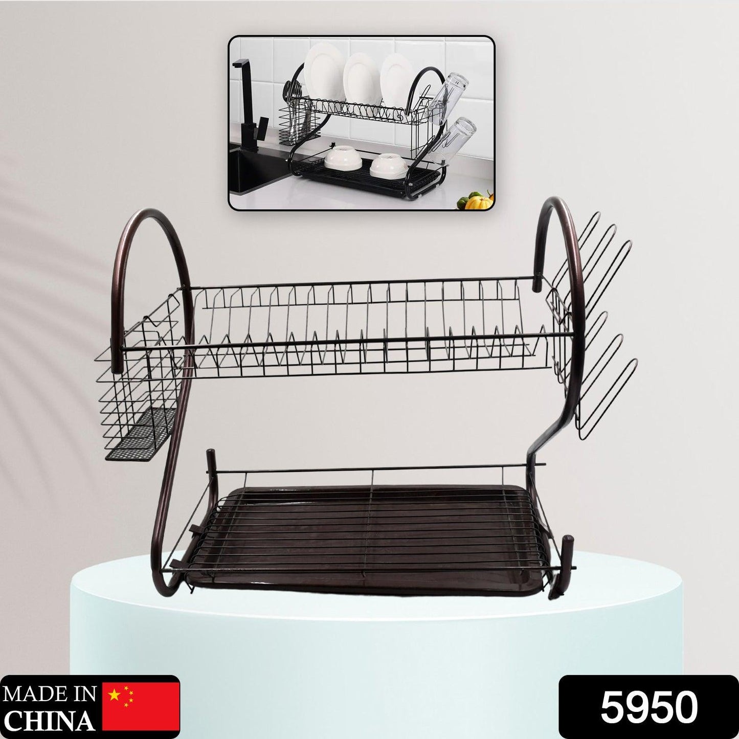 5950 2 Tier Dish Drying Rack Stainless Steel Large Dish Plate Rack Metal Strainer Dryer Racks Two Tier Dishes Drainer and Drain Tray with Utensil