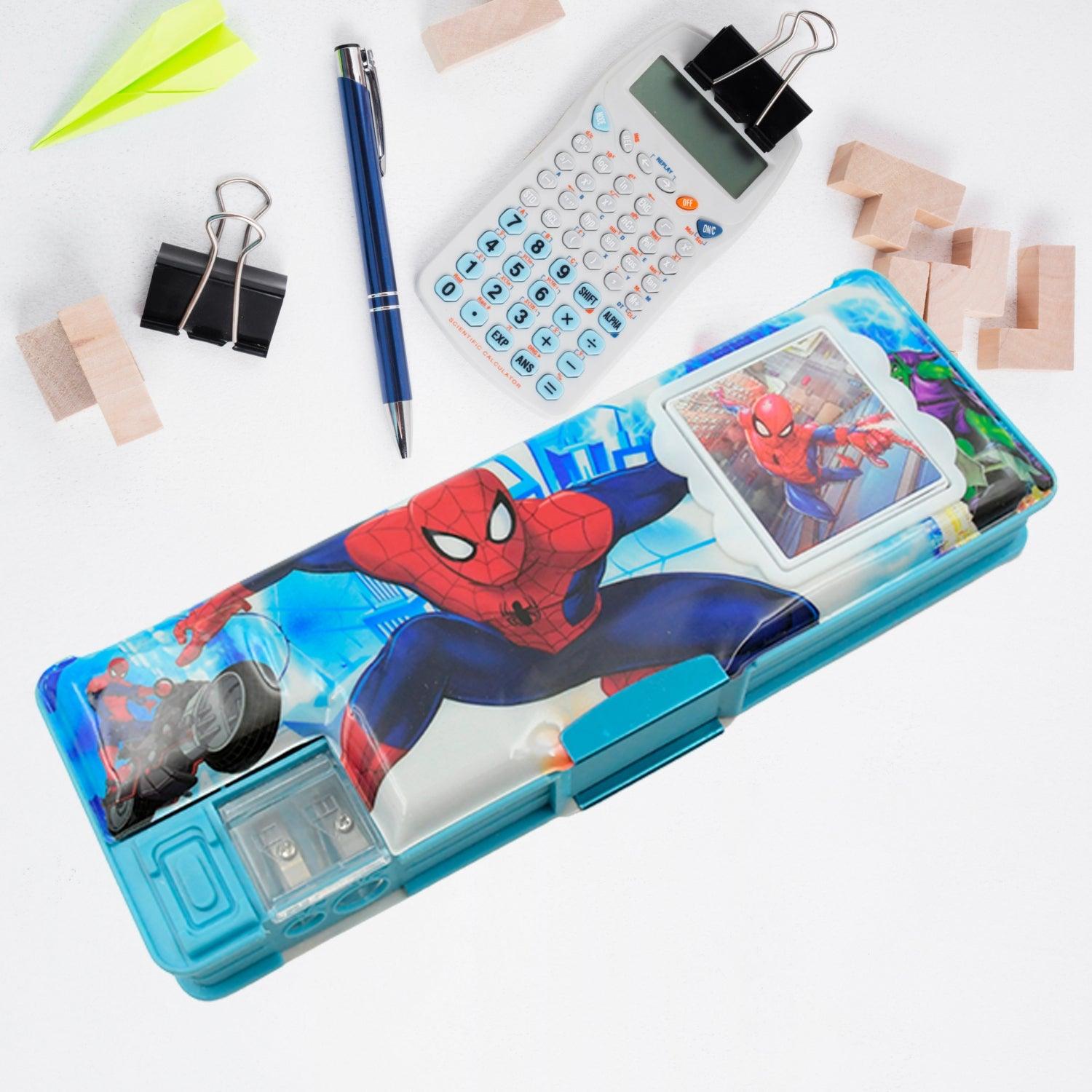 4260 Art & Stationery Cartoon Multi-functional Geometry Box for Boys with Inbuilt Calculator, 2 Sides Open and Double Sharpener Stationery Kit Pencil Box for Boys Art Plastic Pencil Box  for Girls and Boys - deal99.in