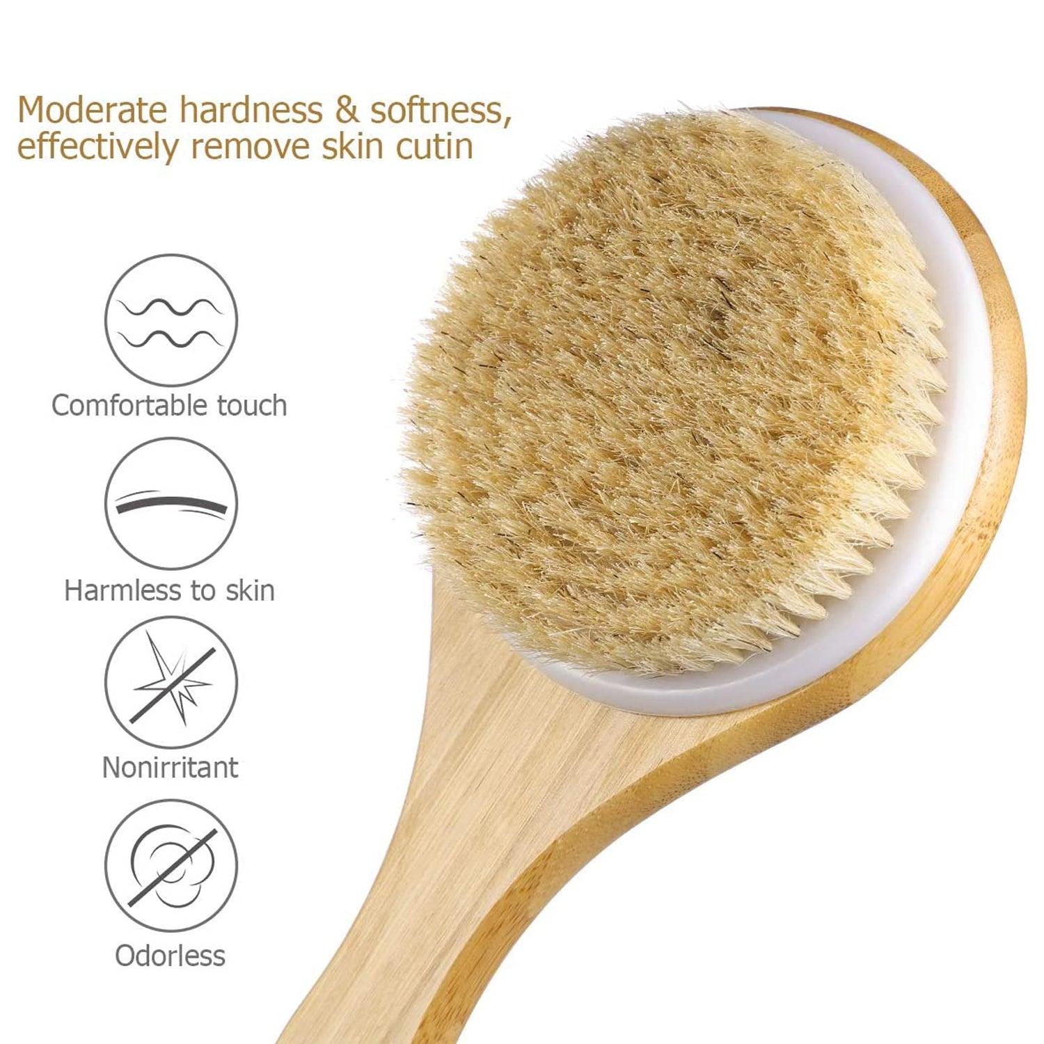 6700 Body Brush Dry Brushing Back Scrubber Shower Bath Brush Bamboo Long Handle Natural Bristles exfoliating Massage Improve Blood Circulation Cellulite DeoDap