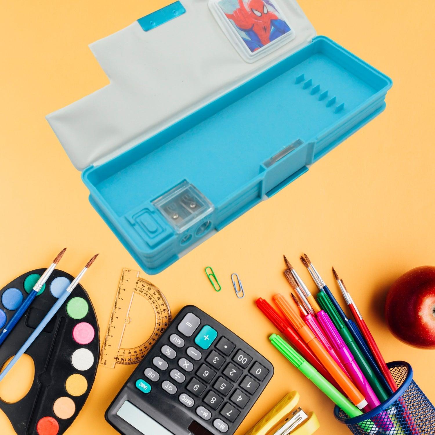 4260 Art & Stationery Cartoon Multi-functional Geometry Box for Boys with Inbuilt Calculator, 2 Sides Open and Double Sharpener Stationery Kit Pencil Box for Boys Art Plastic Pencil Box  for Girls and Boys - deal99.in