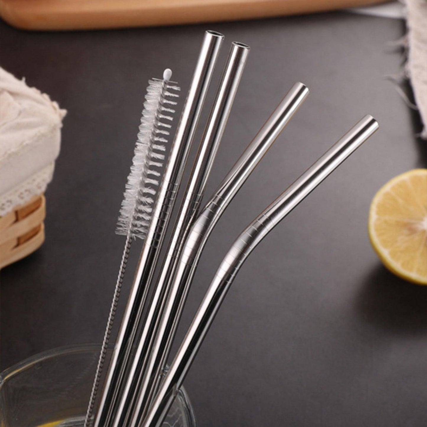 0579 Set of 4 Stainless Steel Straws & Brush (2 Straight straws, 2 Bent straws, 1 Brush) - deal99.in