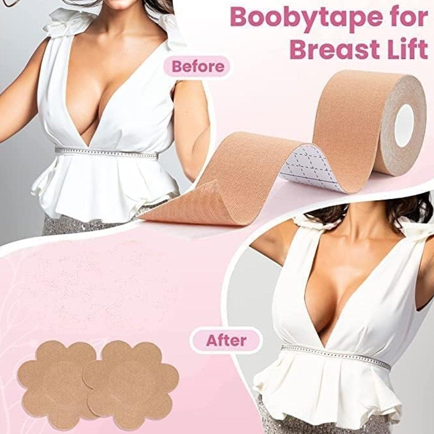 6596 Boob Tape with 10 Pairs Nipple Cover Cotton Wide Thin Breast Tape - Women's & Girl's Breast Lift Booby Tape - Push Up & Lifting Tape - Suitable for All Breast Types - Breast Lift Bra Tape - Bob Tape for Natural Breast Lift (1 Pc 5 Meters) - deal99.in