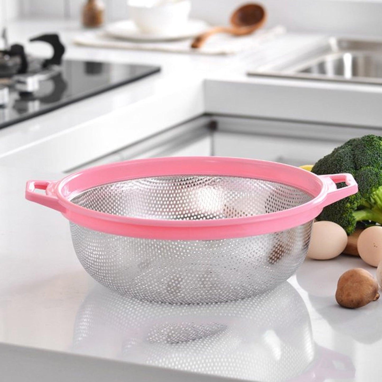 7147 Big Stainless Steel Colander with Handle, Large Metal Mesh Basket Strainer for Pasta, Spaghetti, Berry, Veggies, Fruits,  Kitchen Food Colander, Dishwasher Safe (1 pc ) - deal99.in