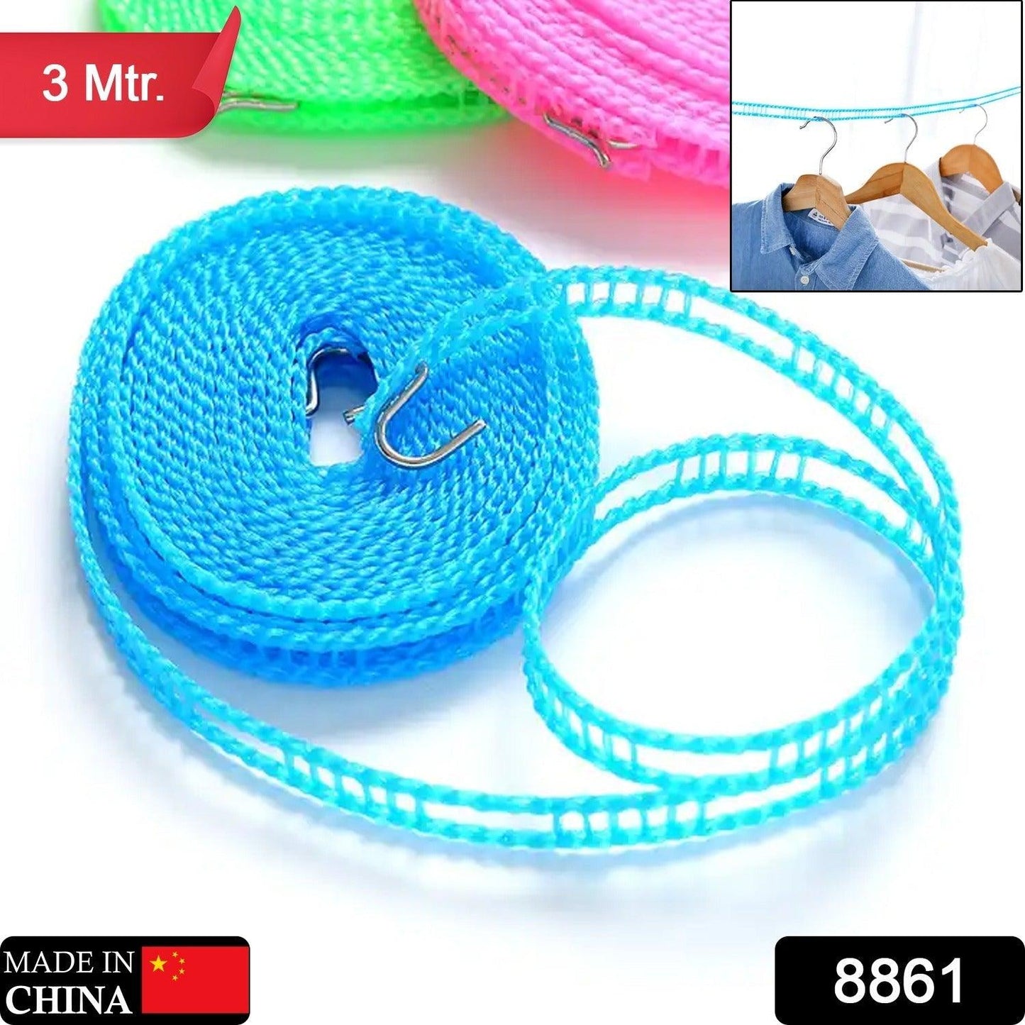 8861 3 Meters Fiber Rope Anti-Slip Clothes Washing Drying Nylon Rope Japan Style Rope with Hooks, Durable Camping Clothesline Portable Clothes Drying Line Indoor Outdoor Laundry Storage for Travel Home Use (3 Mtr.) - deal99.in