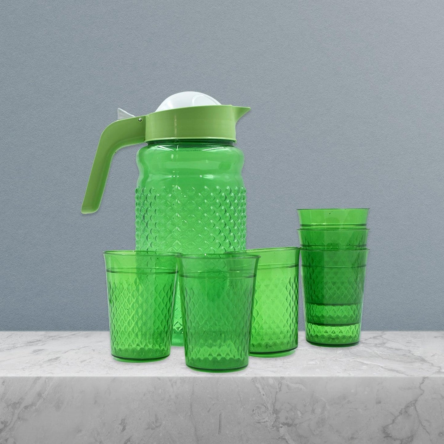 3734A Unbreakable Plastic Drinking Water/Juice Jug and 6 pieces Glass (Assorted color) DeoDap