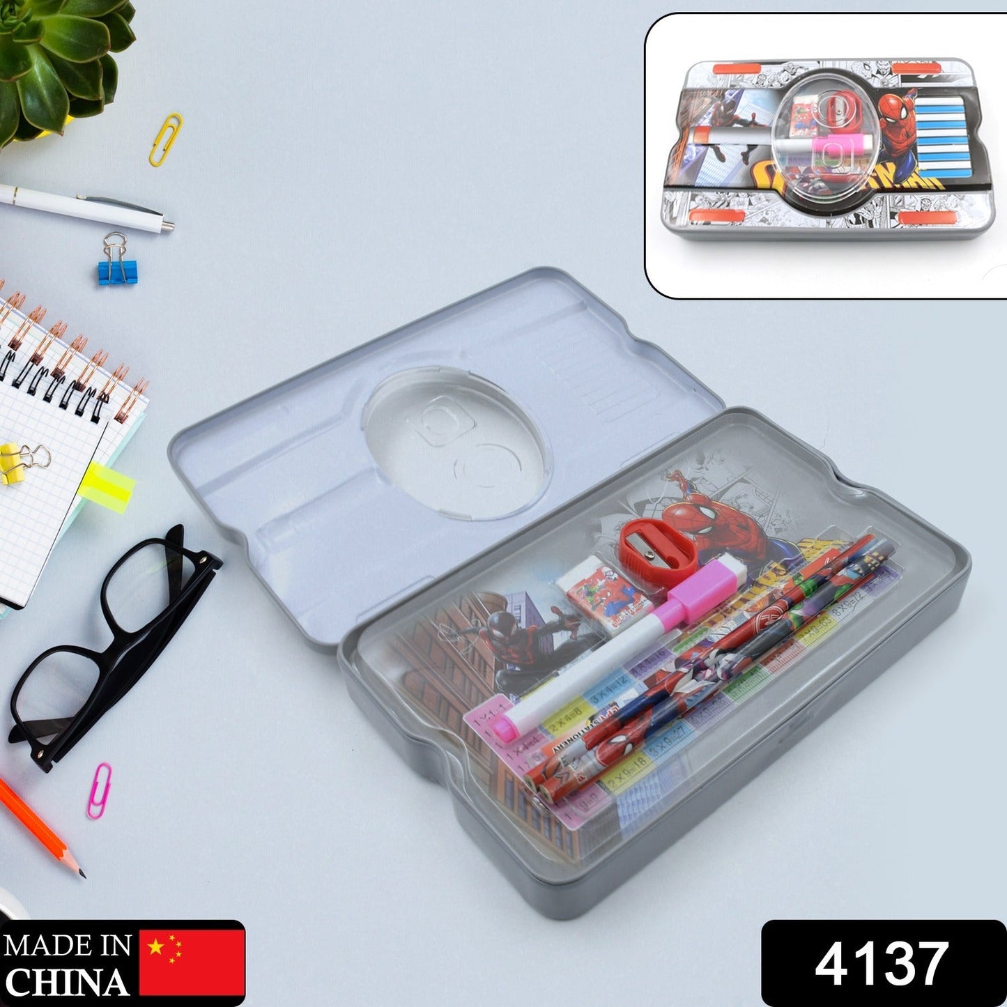 4137 Big Cartoon Printed  Metal Compass Box, Pencil Case With Sharpner, Eraser, Pencil, Marker & Scale for Kids Stationery Compass Box, Stationery Gift for School Kids Compass, Pencil Box, Birthday Return Gift for Kids  (6 Pc Set)